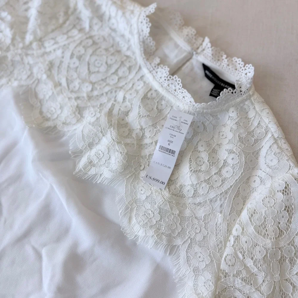 White House Black Market Ecru Mock Neck Lace Blouse  Size 6 - Picture 9 of 9